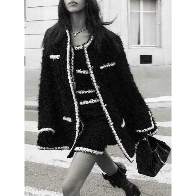 Wool Tweed Coat Women's Dress Black Gold Button Color-Block Suit Slimming Fashion Rich Girl Style