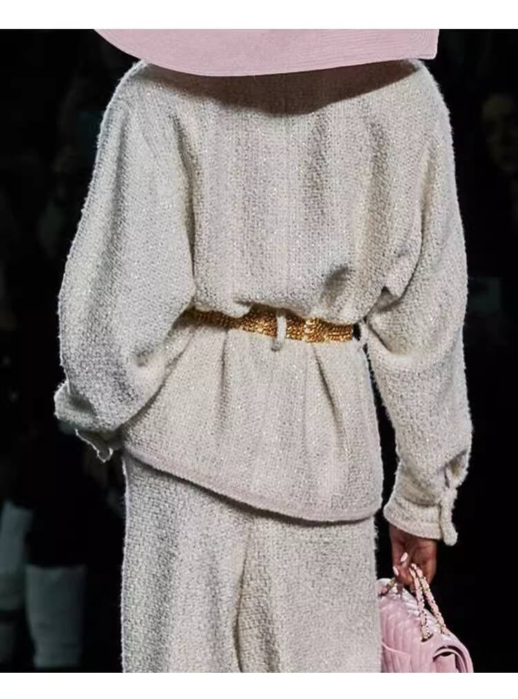 Autumn Winter New Off-White Wool Coat Wide-Leg Bathrobe Tweed Top Pants Socialite Celebrity Style Set