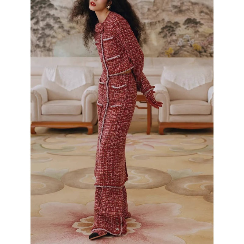 Autumn Winter Little Style for Women Wool Tweed Coat Skirt Wide-Leg Pants Three-Piece Set Socialite Elegant Haute Couture