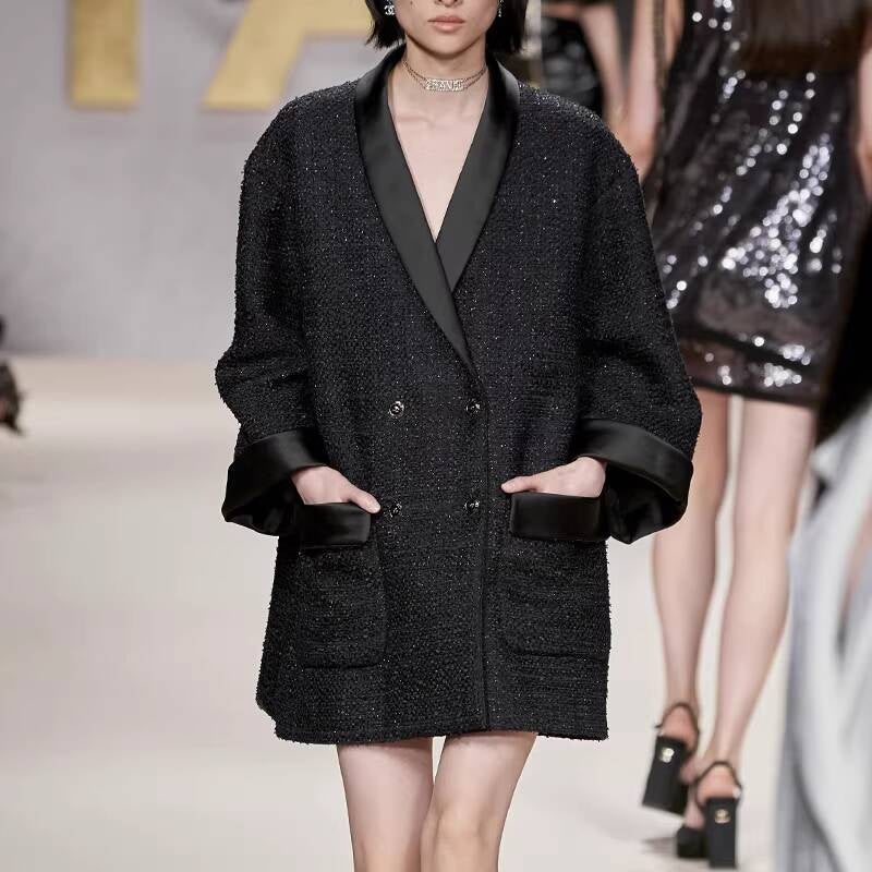 Shiny Silk Style Coat for Women, Socialite Autumn Winter New Black Loose Blazer, Thickened Mid-Length Tweed Overcoat
