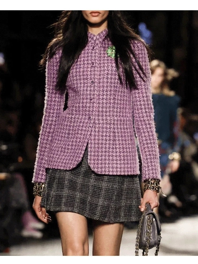 Autumn Winter New High-End Little Style Wool Coat for Women Purple Plaid Soft Tweed Small Stand Collar Top Socialite Women's Clothing