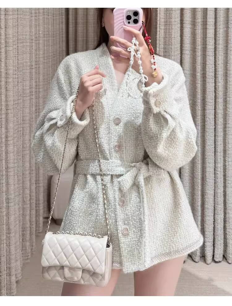 Autumn Winter New Off-White Wool Coat Wide-Leg Bathrobe Tweed Top Pants Socialite Celebrity Style Set