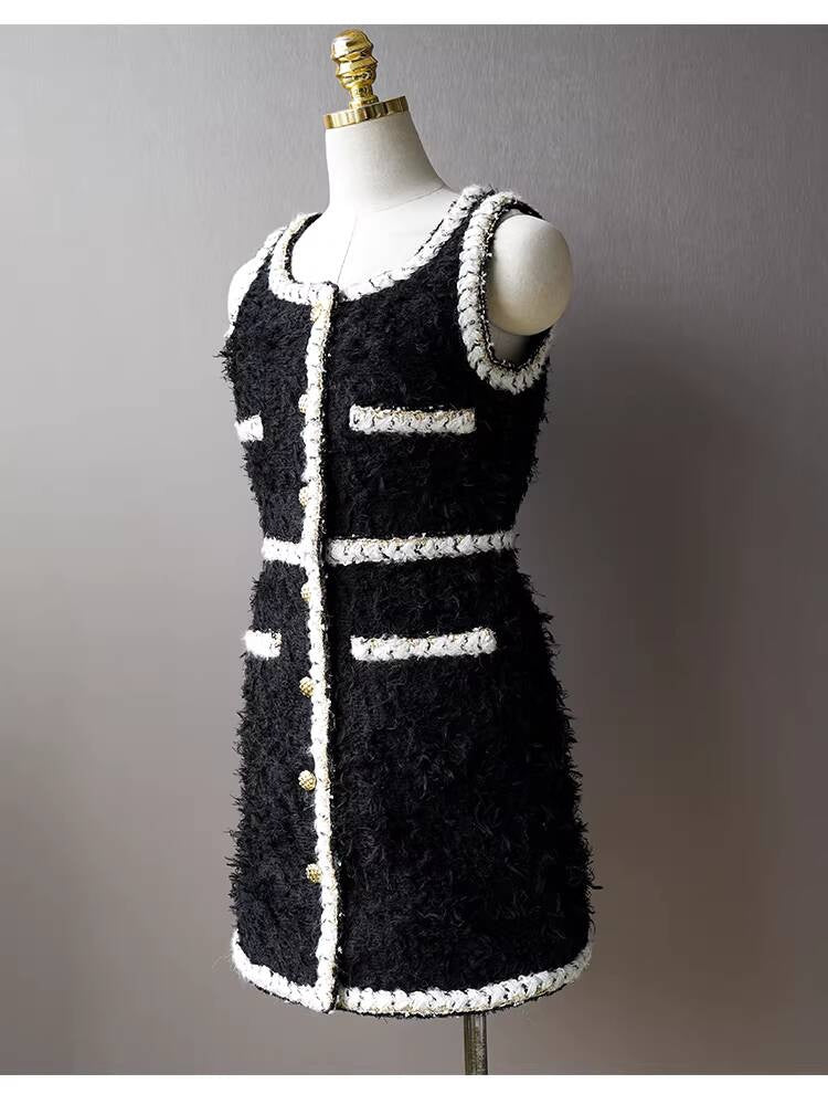 Wool Tweed Coat Women's Dress Black Gold Button Color-Block Suit Slimming Fashion Rich Girl Style