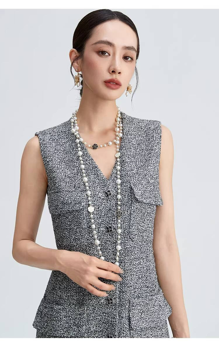 Spring Summer Little Style Women Mid-Length High-End Modern Gray Slim Fit Tweed Vest Dress Women's Clothing