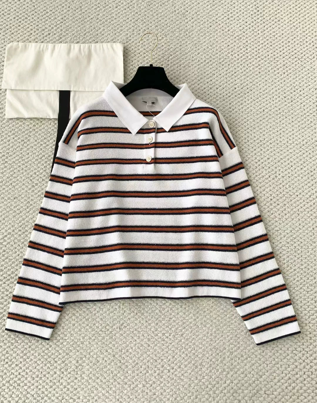 2025 autumn and winter contrasting colors classic age-reducing girl striped polo collar knitted long sleeves + high waist straight wide-leg pants
