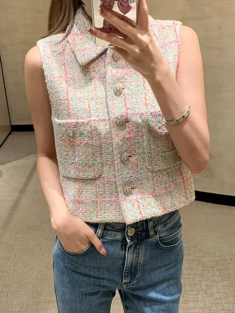 2024 early spring vest women's lapel vest colored plaid tweed celebrity temperament slim top