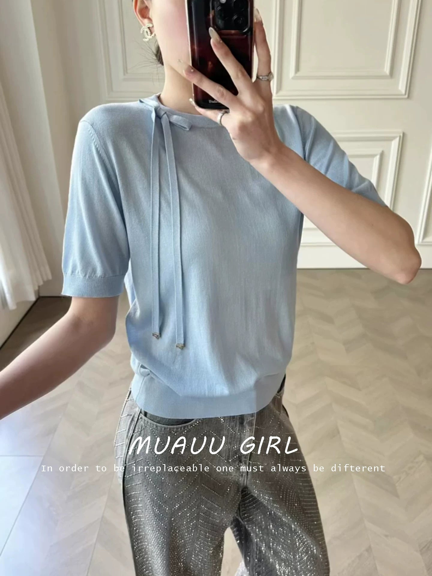 Spring and summer 26ss June MUAUU GIRL skin-friendly and breathable 26SS summer mulberry silk thin fresh bow silk ribbon top