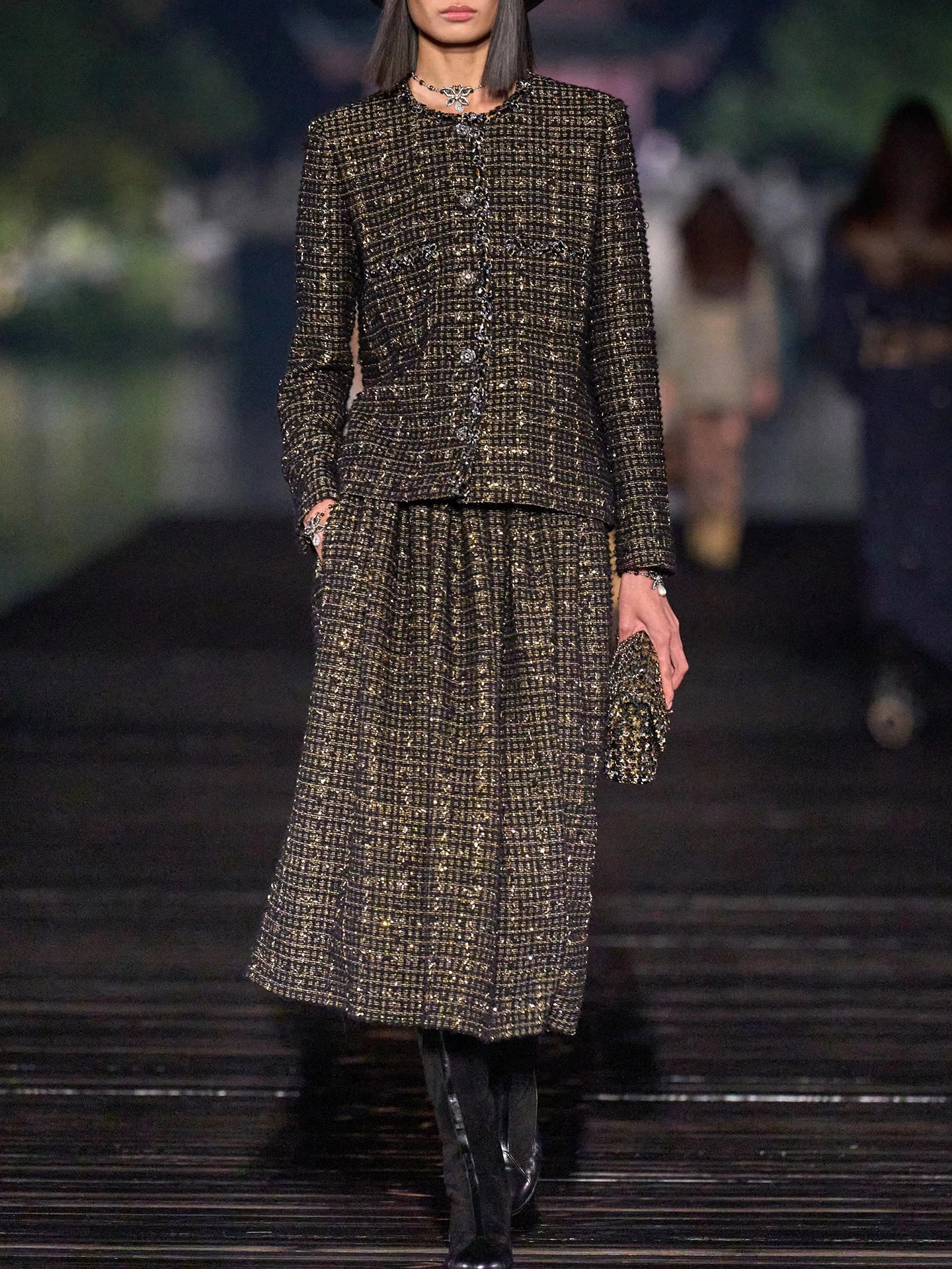 Black gold coat autumn and winter high-end temperament celebrity heavy industry ordered diamonds light luxury tweed big swing skirt women