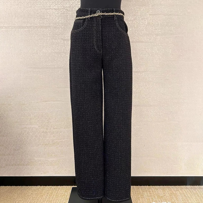 Suit design jacket celebrity temperament thin versatile autumn and winter new straight black denim trousers