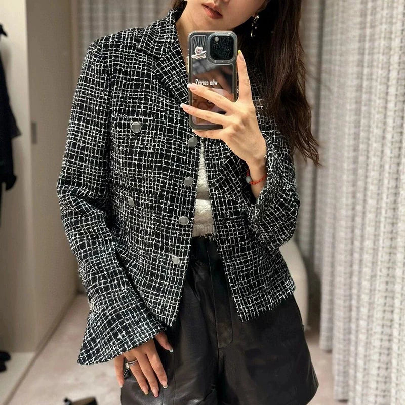 24 Spring and Autumn New Celebrity Temperament Plaid Jacket Women's Suit Collar Short Superior Tweed Wool