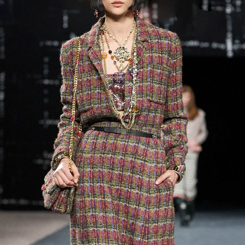 Autumn and winter new wool blended color tweed set, coat skirt, women's long high waist and thin two-piece set