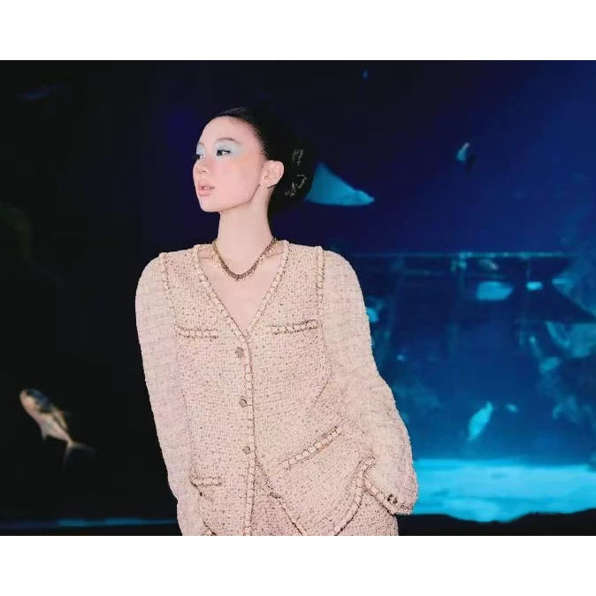 2026 early spring French high-end temperament heavy industry tweed woven fake two-piece vest jacket top