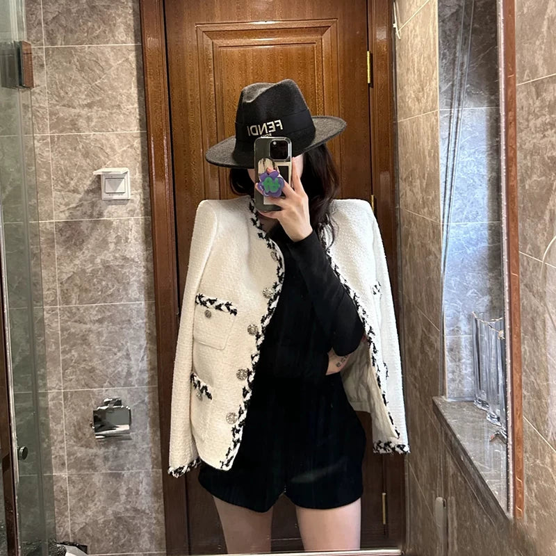 Delicate small trimmed jacket women's short celebrity high-end tweed versatile beige top