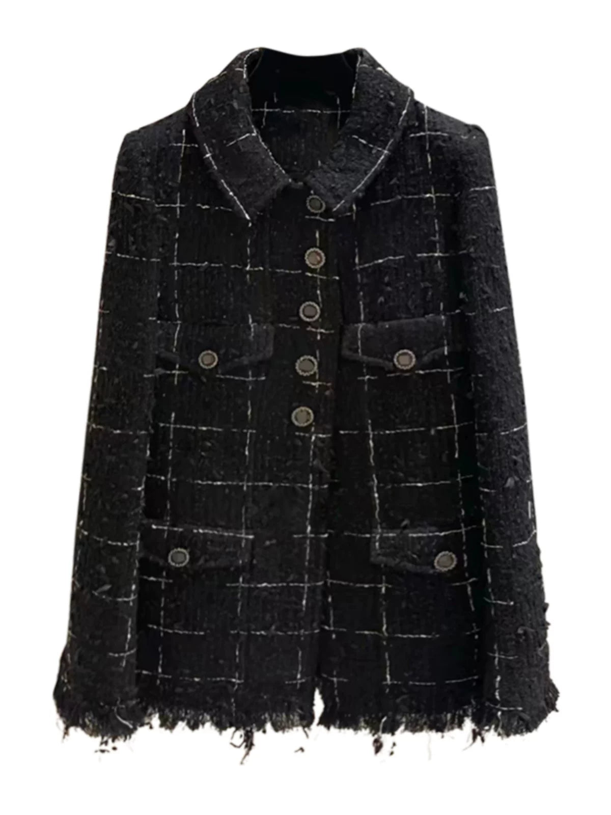 Tassel Xiaoxiang Jacket Women's 2025 Spring and Autumn New Black High-end Plaid Weaving Medium and Long Tweed Top