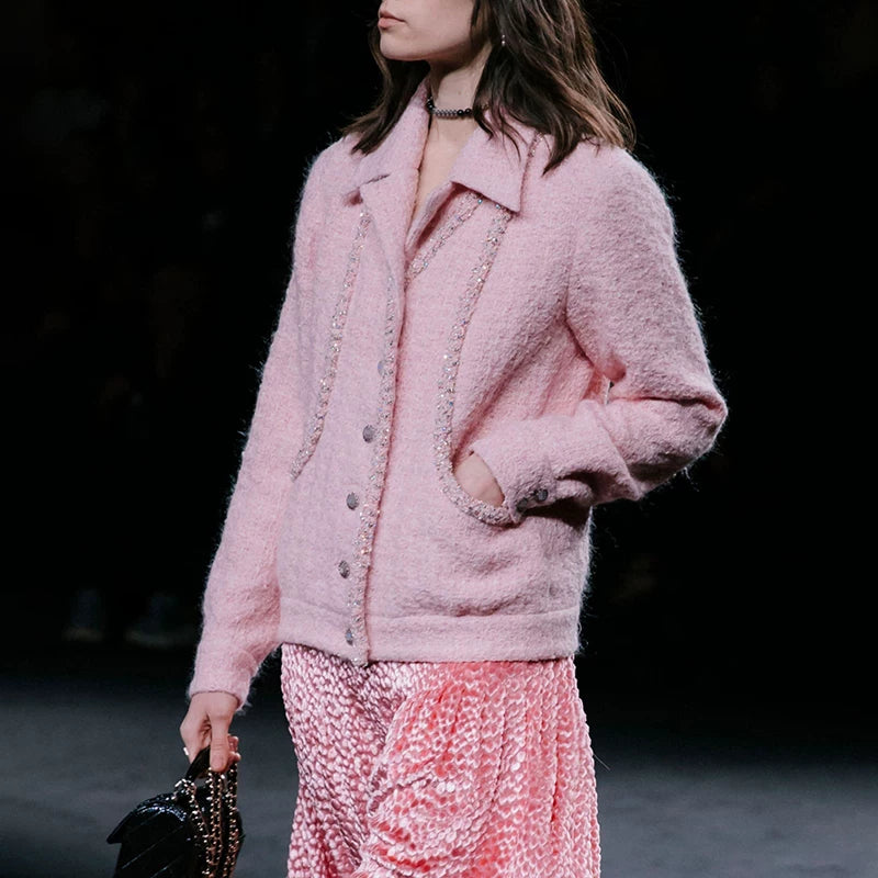 Celebrity wool tweed pink tweed coat women's suit collar high-end jacket top women's clothing autumn and winter