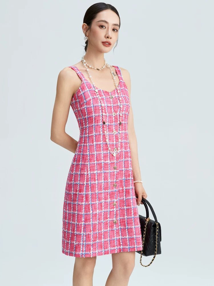 Pink and blue plaid tweed suspender dress women's single-breasted celebrity temperament V-neck slim-fitting A-word mid-skirt