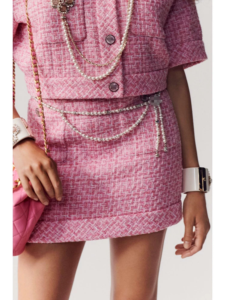 Celebrity style daughter suit short jacket half skirt pink celebrity temperament tweed French high-end sense