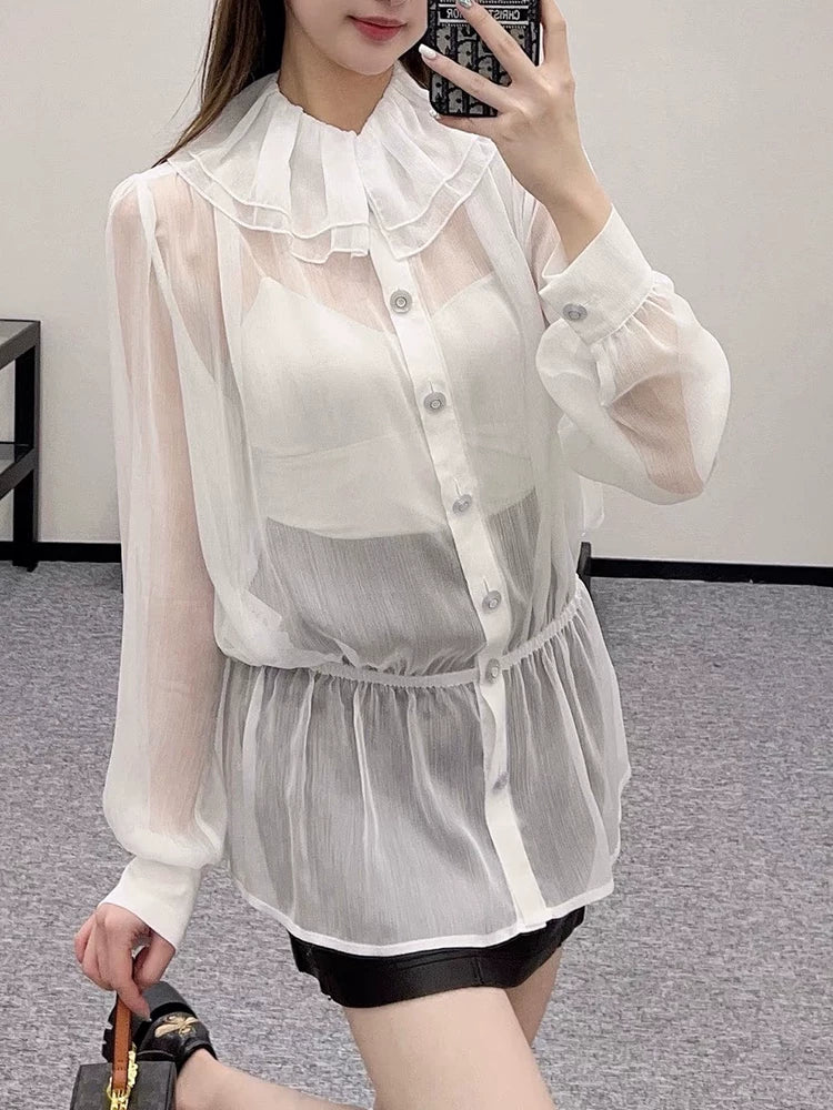 Silk shirt women's loose double-layer lotus leaf collar sexy perspective waist mulberry silk long-sleeved shirt sun protection