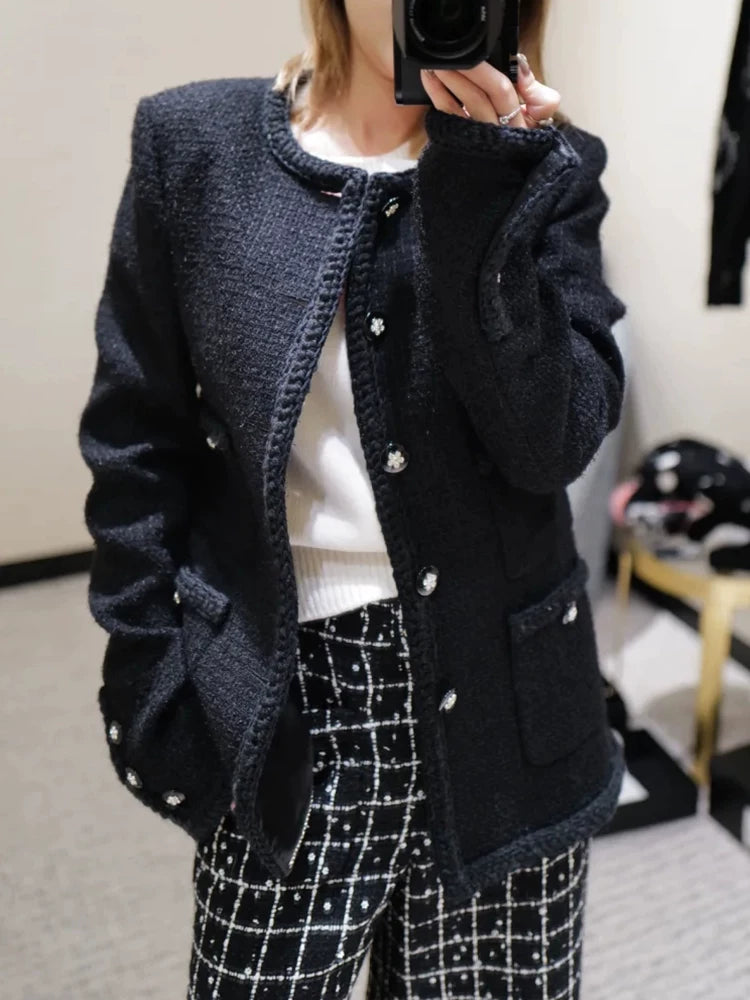 Autumn and winter new coat women's crew neck long sleeve four pockets wool blend classic black tweed top