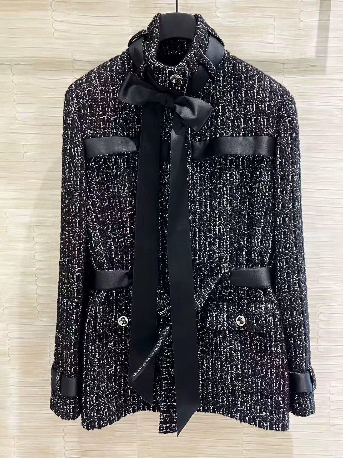 Black tweed stand-up collar jacket women's medium and long ribbon collar waist lady coat new for autumn and winter