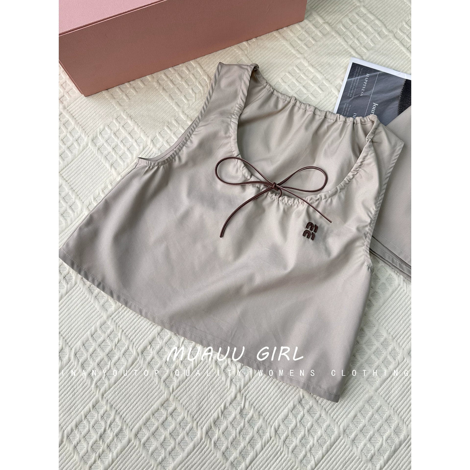 Spring and summer 26ss June MUAUU GIRL pure and lovely! 26S new letter embroidered drawstring lace-up vest + short skirt + dress