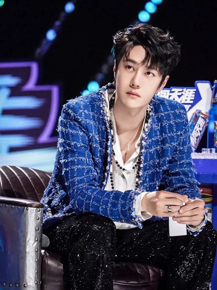 Star Wang Yibo same coat women's blue plaid tweed haute couture celebrity temperament couple top