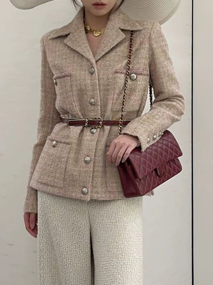 Autumn and winter haute couture coat women's light pink dark compartment four pockets tweed jacket skirt socialite temperament suit