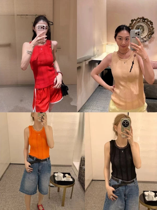Spring summer 26ss June Nanyou haute couture 26M summer new chest hardware logo sleeveless top slim crew neck knitted vest