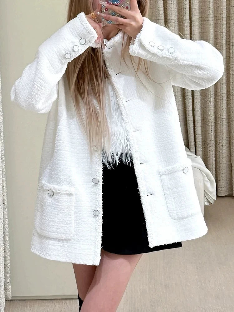 25 Early spring new coat women's medium and long wool tweed celebrity temperament versatile top high-end women's clothing