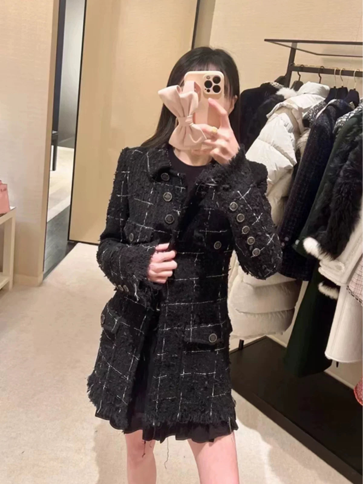 Tassel Xiaoxiang Jacket Women's 2025 Spring and Autumn New Black High-end Plaid Weaving Medium and Long Tweed Top
