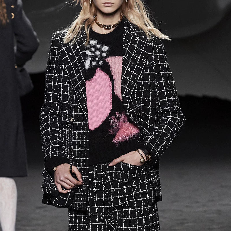 Superior suit jacket casual wide-leg pants women's medium pants five-point pants wool tweed sequin suit