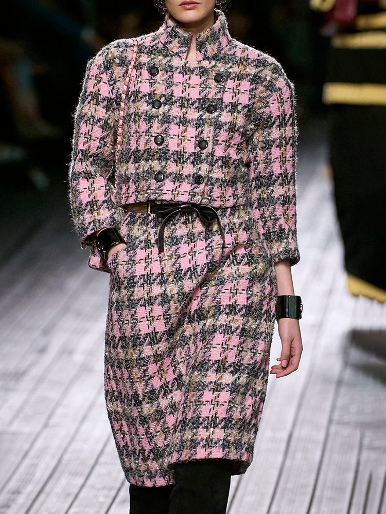 Autumn and winter new jackets, women's stand-up collar skirts, wool knitted tweed pink plaid suits, celebrity women's clothing
