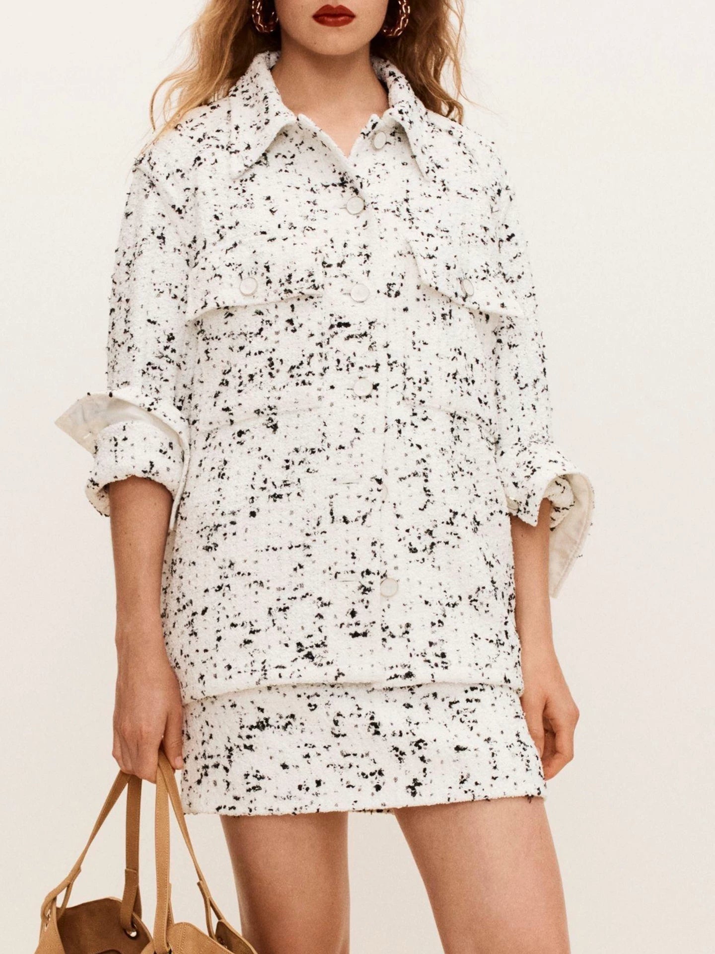 Spring and summer 26ss June, spring and summer black and white textured tweed shirt skirt set women's new celebrity temperament two-piece set