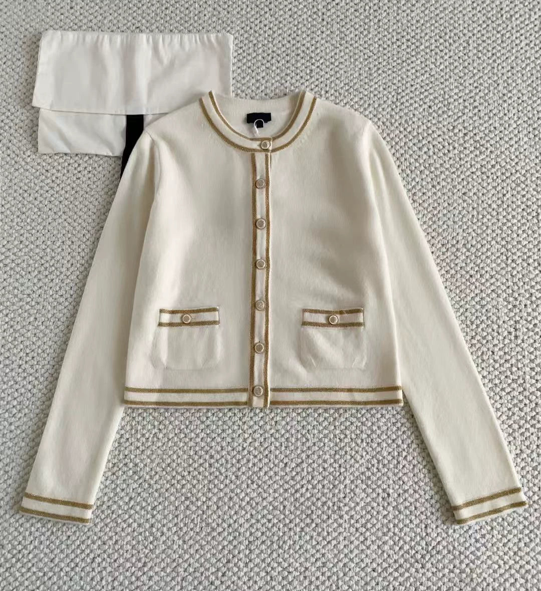 2025 autumn and winter contrasting colors, advanced sense, foreign style, heavy industry gold and silver thread woven round neck single-breasted knitted cardigan jacket women