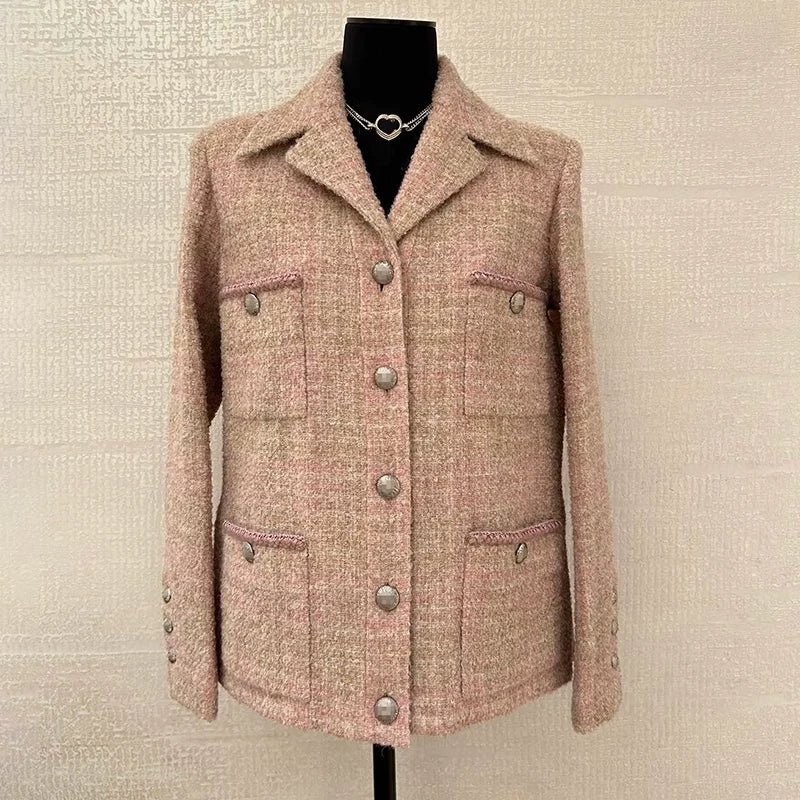 Autumn and winter haute couture coat women's light pink dark compartment four pockets tweed jacket skirt socialite temperament suit