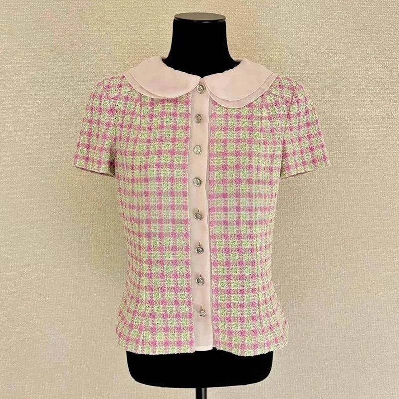 Summer new celebrity suit overalls shorts shirt pink grid wool tweed temperament two-piece women's clothing