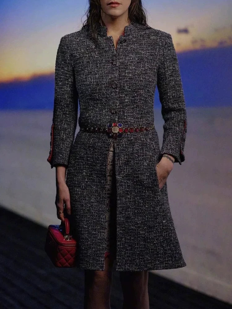 Jacket women's autumn and winter new stand-up collar temperament nine-quarter sleeve gray wool tweed haute couture coat
