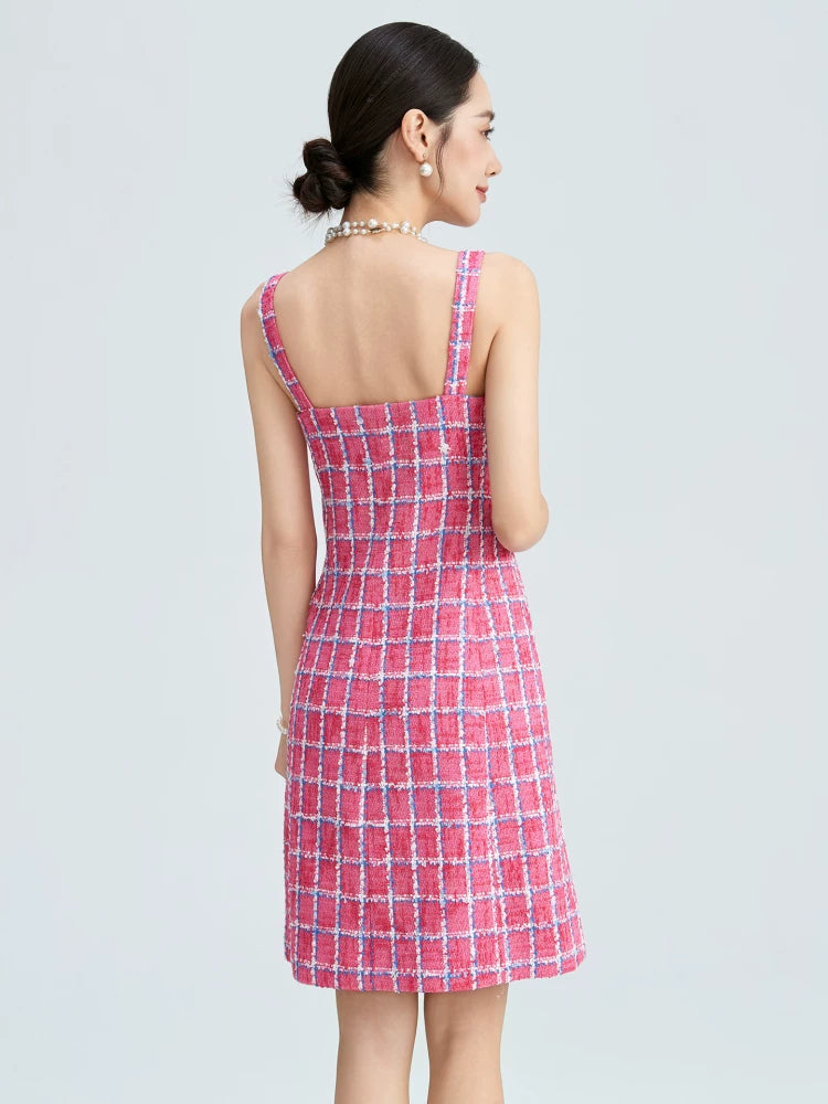 Pink and blue plaid tweed suspender dress women's single-breasted celebrity temperament V-neck slim-fitting A-word mid-skirt
