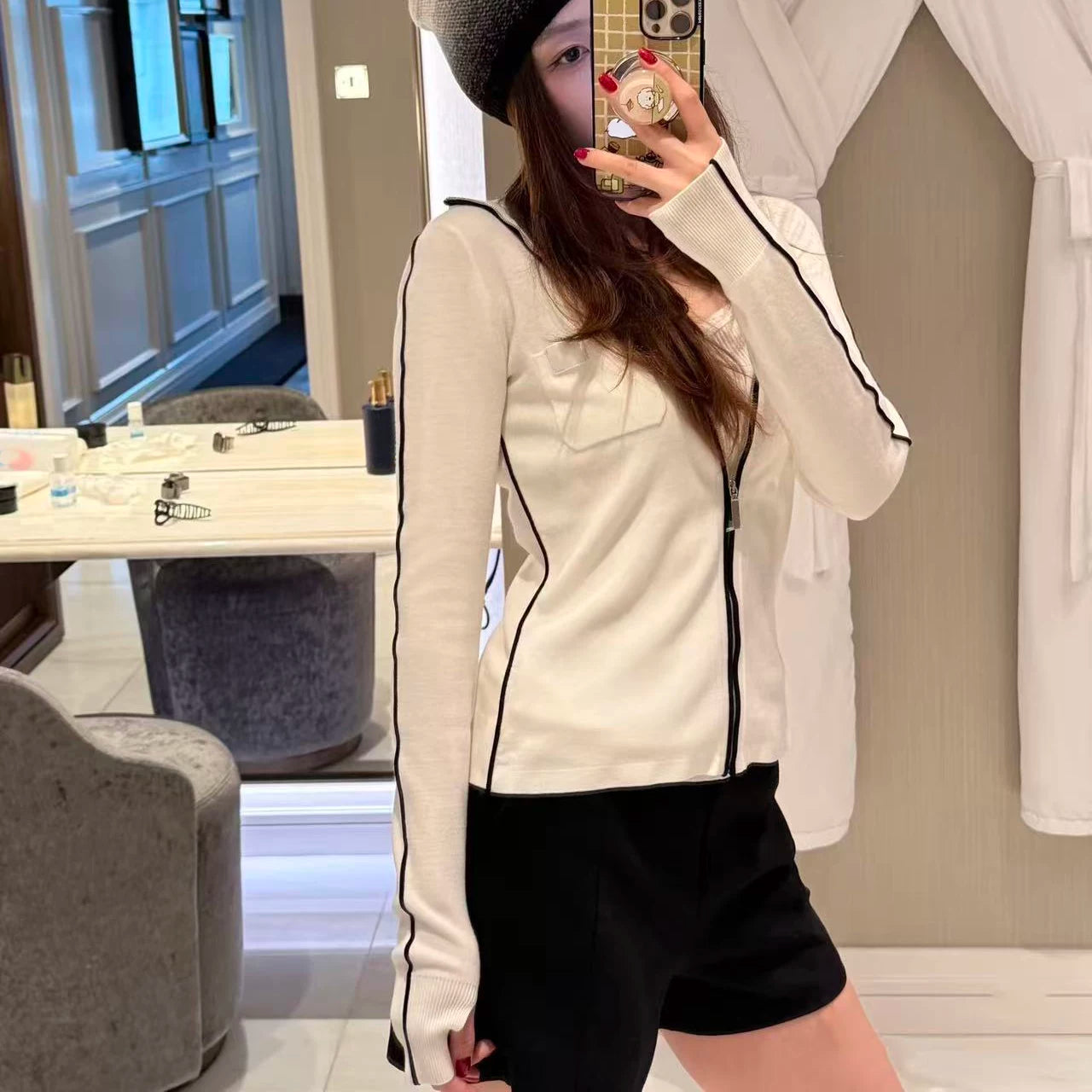 2025 autumn and winter heavy industry skiing letter embroidery slim-fitting thin cashmere knitted hooded zipper long-sleeved cardigan jacket