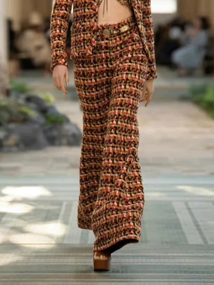 25 autumn and winter new celebrity temperament suit jacket wide-leg pants women's bell pants soft tweed color weaving