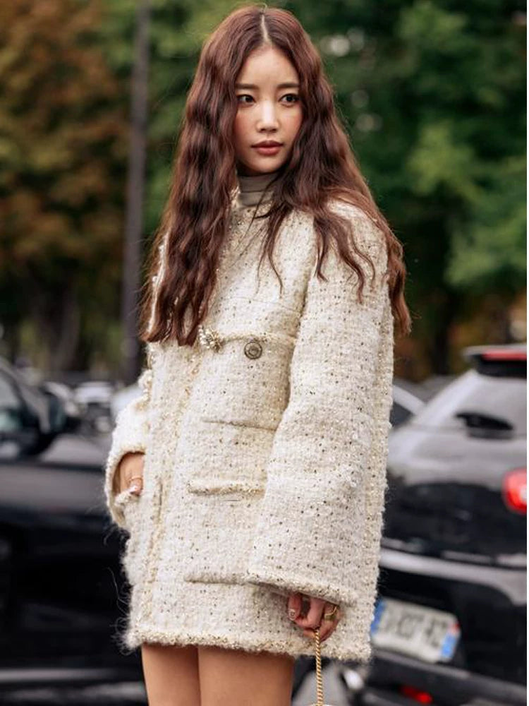 Black gold coat, socialite spring new Chen Weiting wool thickened loose padded coarse tweed top