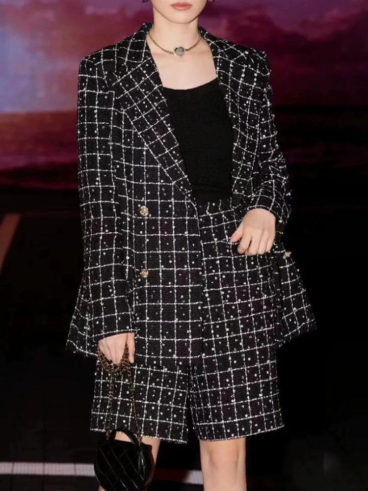 Superior suit jacket casual wide-leg pants women's medium pants five-point pants wool tweed sequin suit