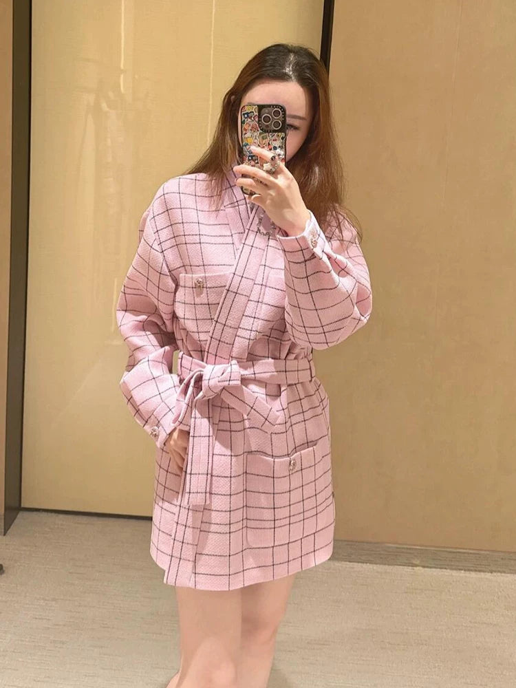 24 new coat women's bathrobe-style lace-up jacket top medium and long pink plaid socialite women's clothing
