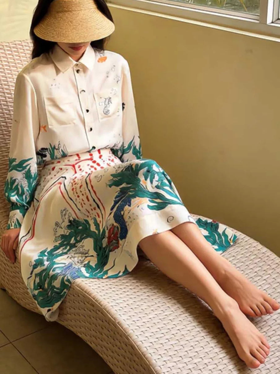 Spring and summer 26ss June, Nanyou 26 summer new underwater world print versatile and thin turned loose collar shirt top + A-shaped skirt