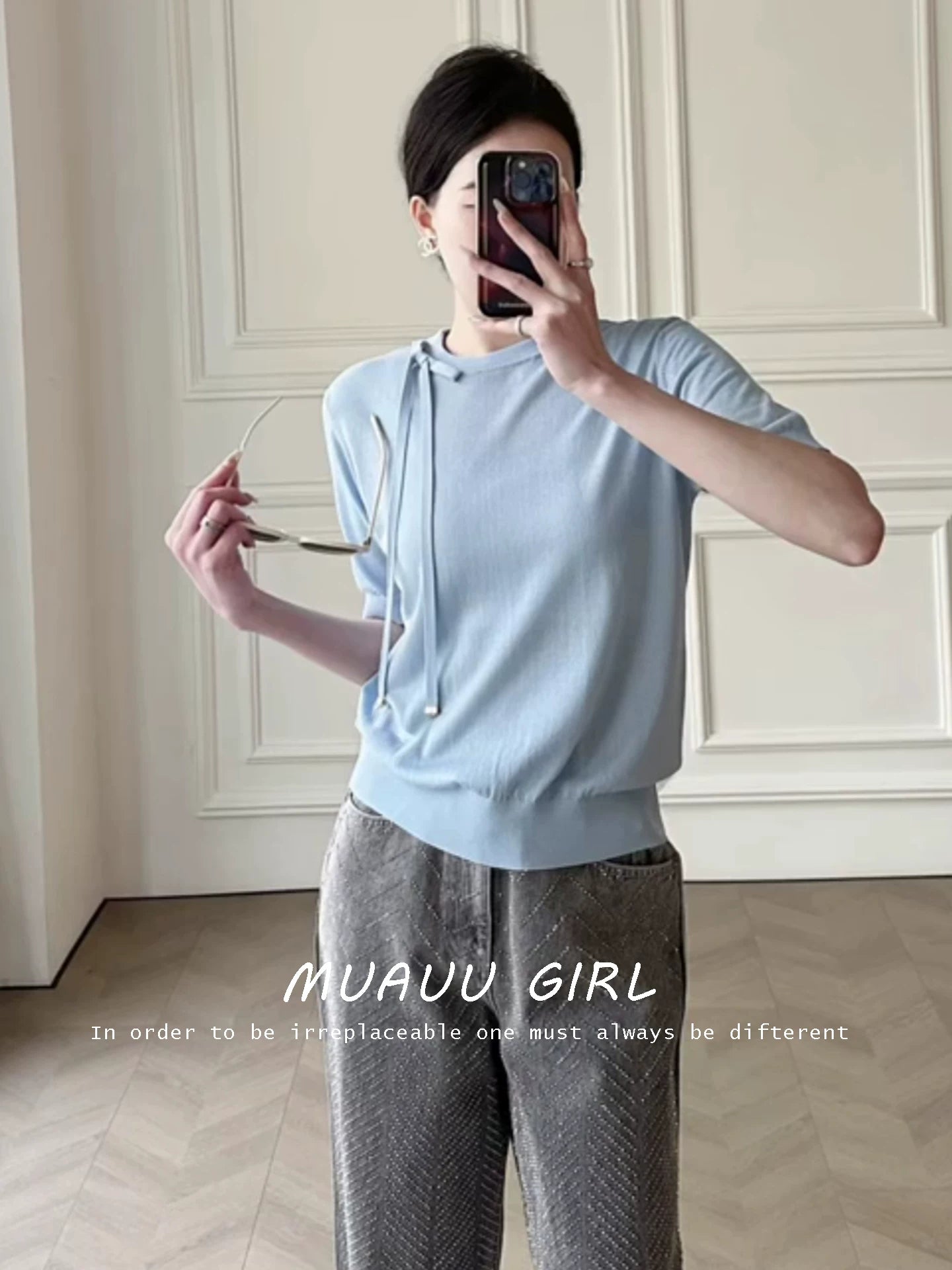 Spring and summer 26ss June MUAUU GIRL skin-friendly and breathable 26SS summer mulberry silk thin fresh bow silk ribbon top