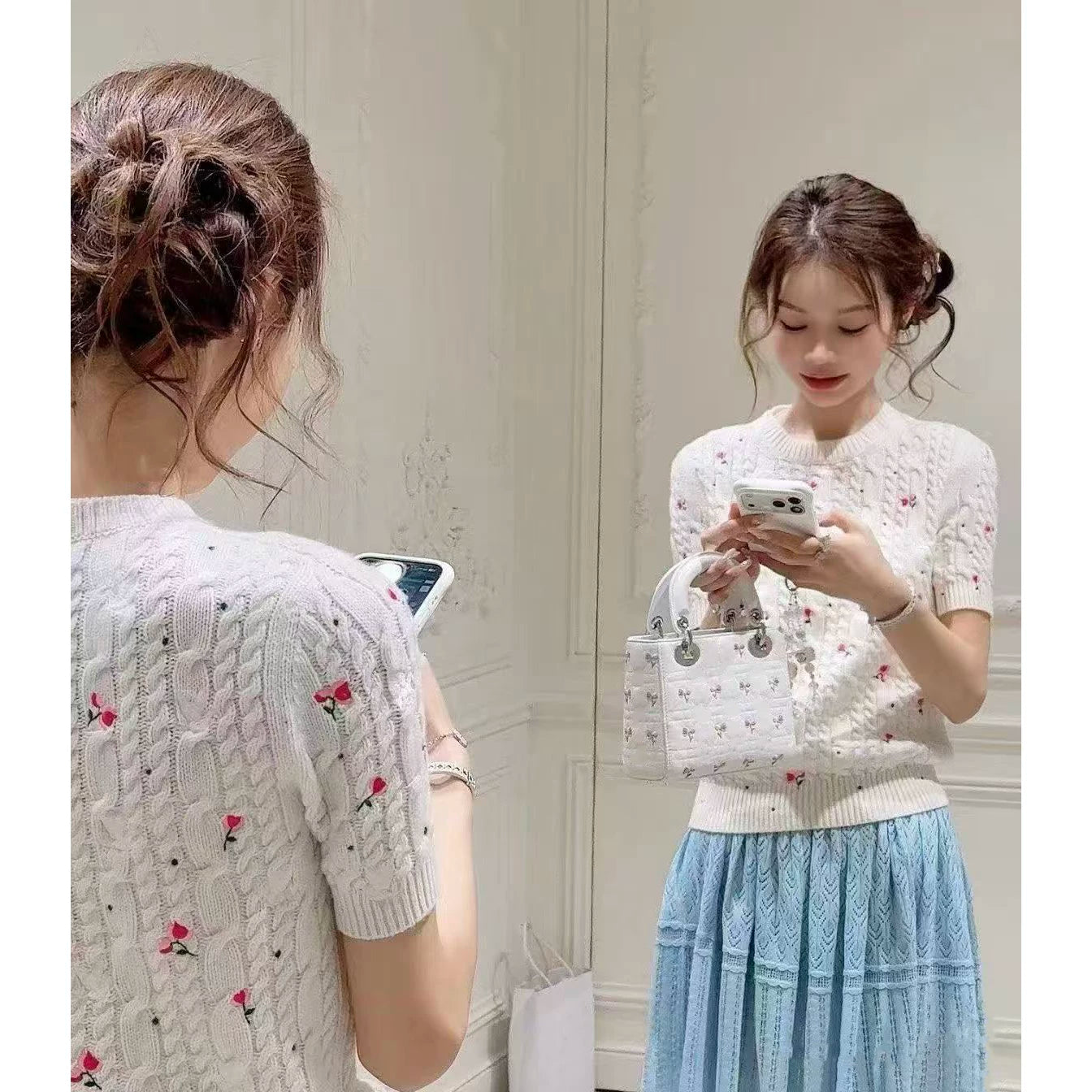 2026 Early Spring Heavy Industry Elegant Wind Temperament Rose Flower Embroidery Foreign Style Age Reduction Girl Knitting Crew Neck Short Sleeve Women