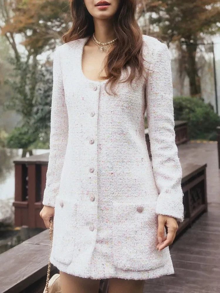 25 spring and summer new coat skirt women's medium and long round neck sequined wool tweed celebrity top women's clothing