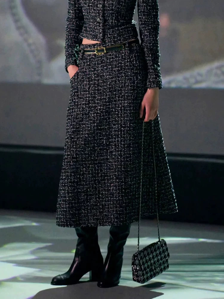 Star Liu Wen same suit jacket long sleeve round neck skirt celebrity temperament wool tweed two-piece set