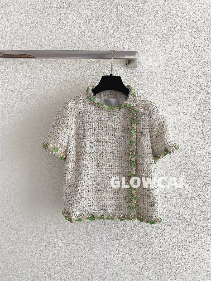 Spring and summer 26ss June 26c Fragrant wind vacation series daughter heavy industry rice gold tweed green bead short-sleeved crew neck jacket top
