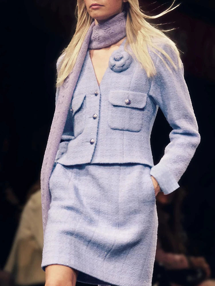 High-end violet suit, coat skirt, wool tweed star Zhou Xun has the same two-piece set.